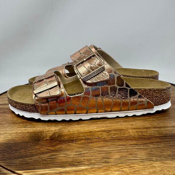 Birkenstock Arizona Gator Gleam Copper Slides Narrow Size 38 Women's 7 - Picture 3 of 9